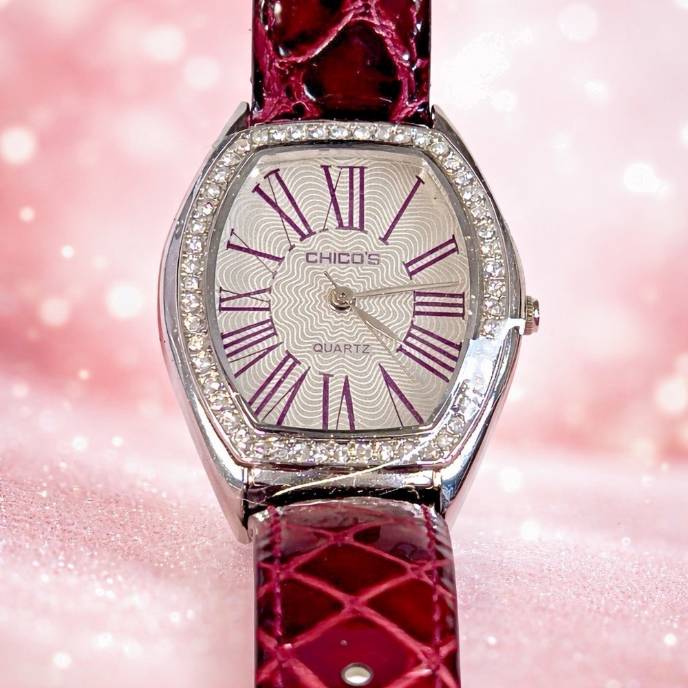 Chico's Women's Tonneau Crystal Bezel Burgundy Strap Quartz Watch